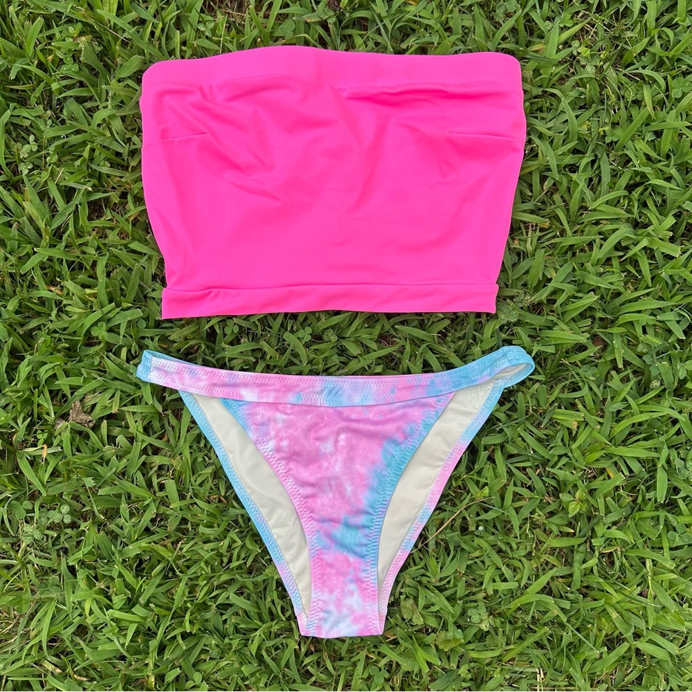 re/done x solid and striped bandeau bikini tankini top *TOP only - m - hot pink